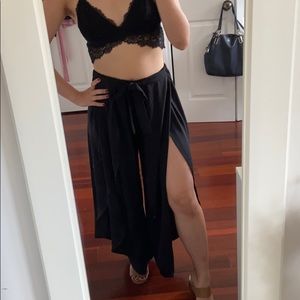 Black Open Tulip Double Slit High Waisted Pants